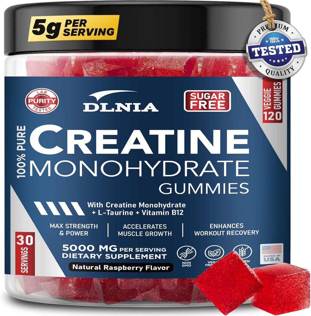 120 Kreatinmonohydrat Gummies för män och kvinnor, Vegan-Friendly, Sugar-Free, & Tasty Chewables - Instantized Kreatin Gummies för förbättrad muskeltillväxt, återhämtning och prestanda (Raspberry)