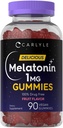 Carlyle Melatonin 1mg Gummies | 90 greve | Frukt smak Gummy Supplement | Vegan, icke-GMO, Gluten Free