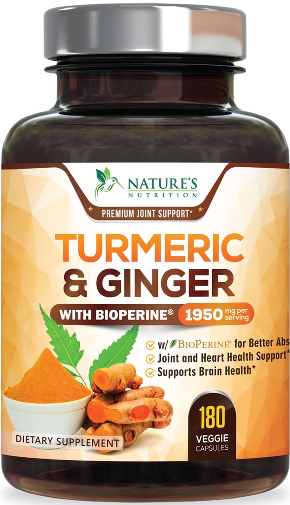 Gurkmeja Curcumin Supplement 1950mg - 95% Curcuminoids med organisk gurkmeja & Ginger, BioPerine Black Pepper för bästa absorption, Naturens Vegan Joint Support, Non-GMO, Bottled i USA - 180 kapslar