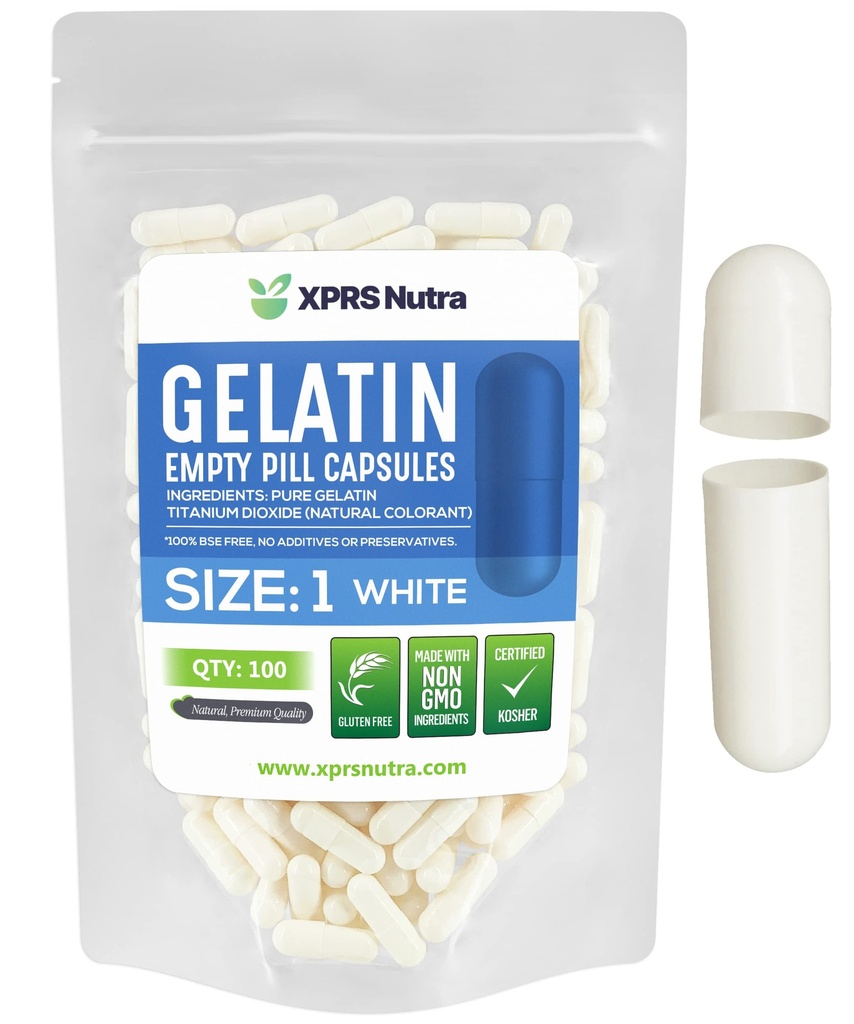 XPRS Nutra Size 1 Empty Capsules - 100 Count Empty Gelatin Capsules - Pill DIY Capsule Fyllning - Pure Bovine Pill Gel Caps for Do-It-Yourself Supplements (White)