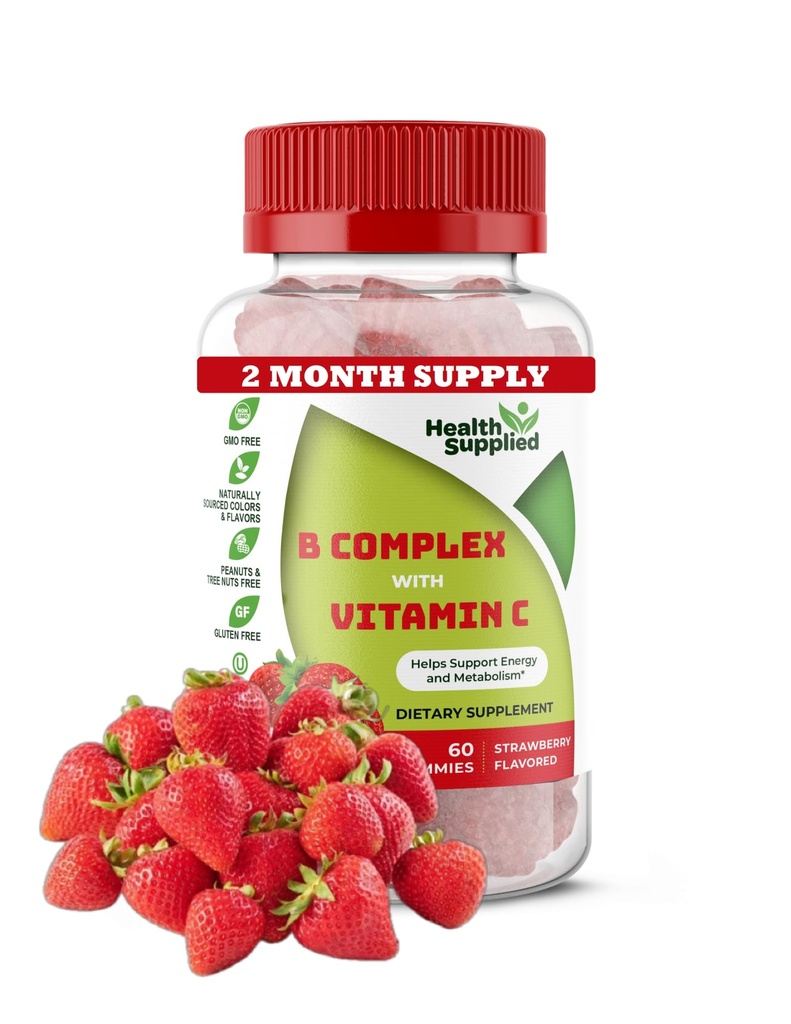 Strawberry smaksatt vitamin B-komplex Gummies - B-komplex med vitamin C - Stöder nervsystemet och ökar energinivåer - Hjälper med kognitiv funktion - Stor smak och lätt att svälja