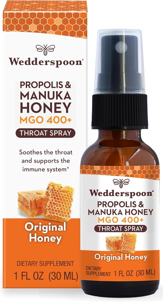 Wedderspoon Propolis and Manuka Honey Throat Spray, Original Honey, 1 Fl Oz (Pack of 1), Sore Throat Relief, Natural Immune Support