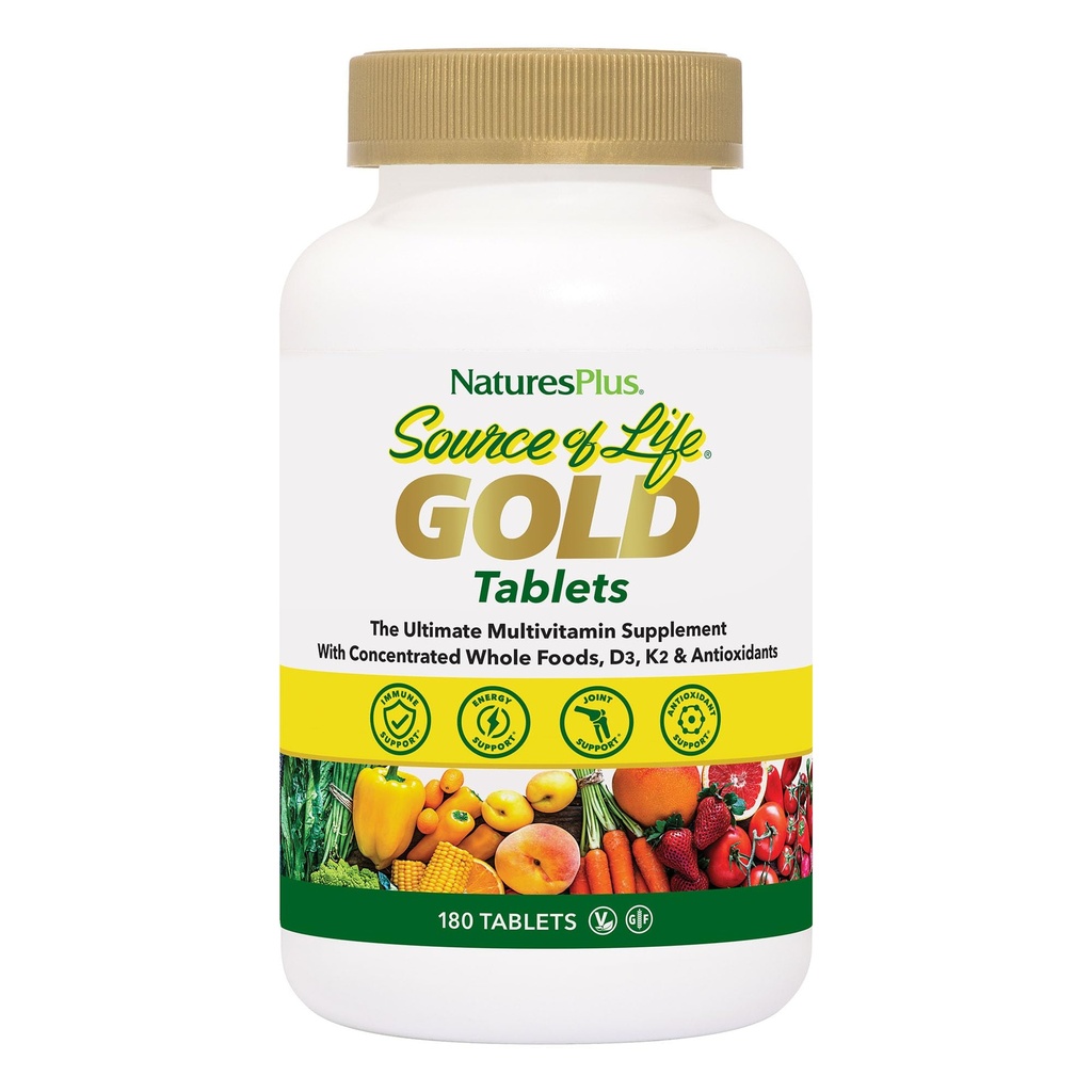 NaturesPlus Source of Life Gold Multivitamin - 180 tabletter - med vitaminer D3 & B12 - Blod, ben och immunstöd - Vegetarisk och glutenfri - 60 portioner