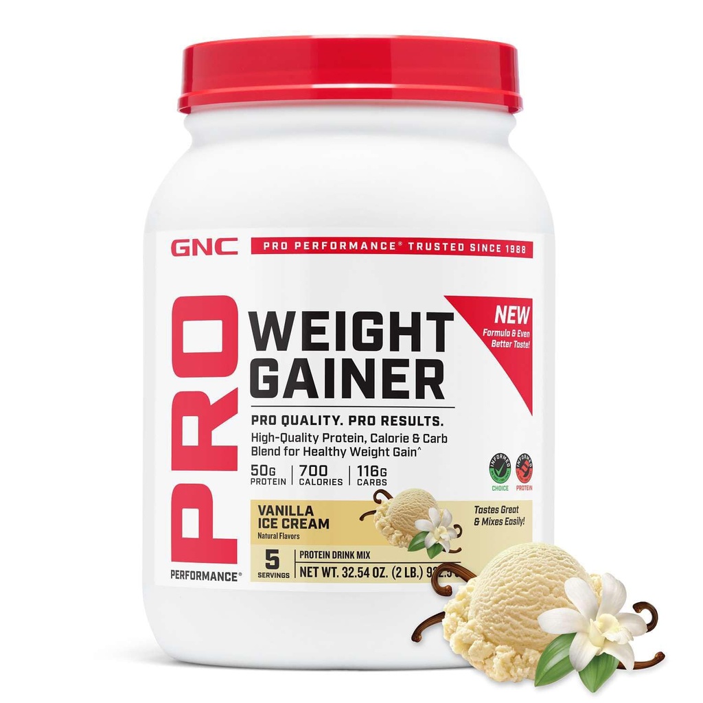 GNC Pro Performance Weight Gainer Protein Powder, 50g Protein, High Calorie, 700 kalorier, stöder Mass och Muscle Recovery, MCT, BCAA, 3rd Party Tested, Vanilla Ice Cream, 6 portioner, 2,5 lbs