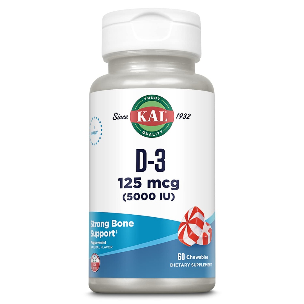 KAL Vitamin D3 5000 IE 125 mcg, High Potency Vitamin D Chewables, Calcium Absorption, Bone Health och Immune Support Supplement, Natural Peppermint Flavor, 60-dagars garanti, 60 portioner, 60 Chews