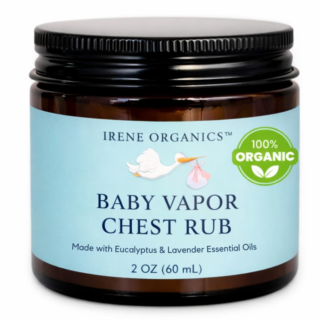 Irene Organics Organic Baby Vapor Chest Rub Clean Vapo Rub Gjord med icke giftiga ingredienser som Eucalyptus Essential Oils, Säker för alla åldrar, nyfödda och spädbarn, sjuka barn Essentials