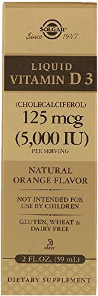 Solgar Liquid Vitamin D3 125 mcg (5,000 IE) - 2 fl oz - Utsökt, naturlig orange smak - Hjälper till att upprätthålla hälsosamma ben och tänder - Immunsystemsupport - Gluten Free, Dairy Free, Kosher - 59 portioner