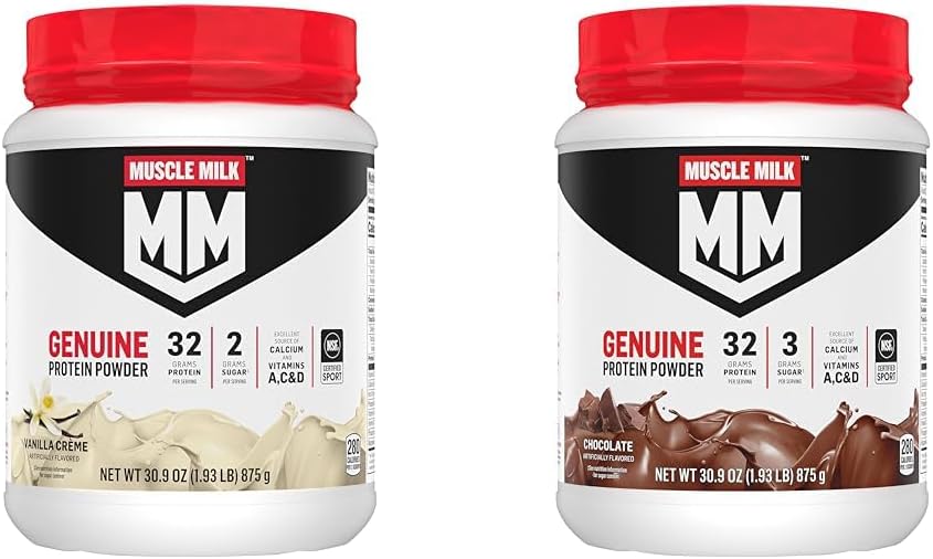 Muscle Milk Genuine Protein Powder Bundle, Vanilla Crème 1.93 Pounds 12 Servings 32g Protein 2g Sugar och Choklad 1.93 Pounds 12 Servings 32g Protein 3g Sugar