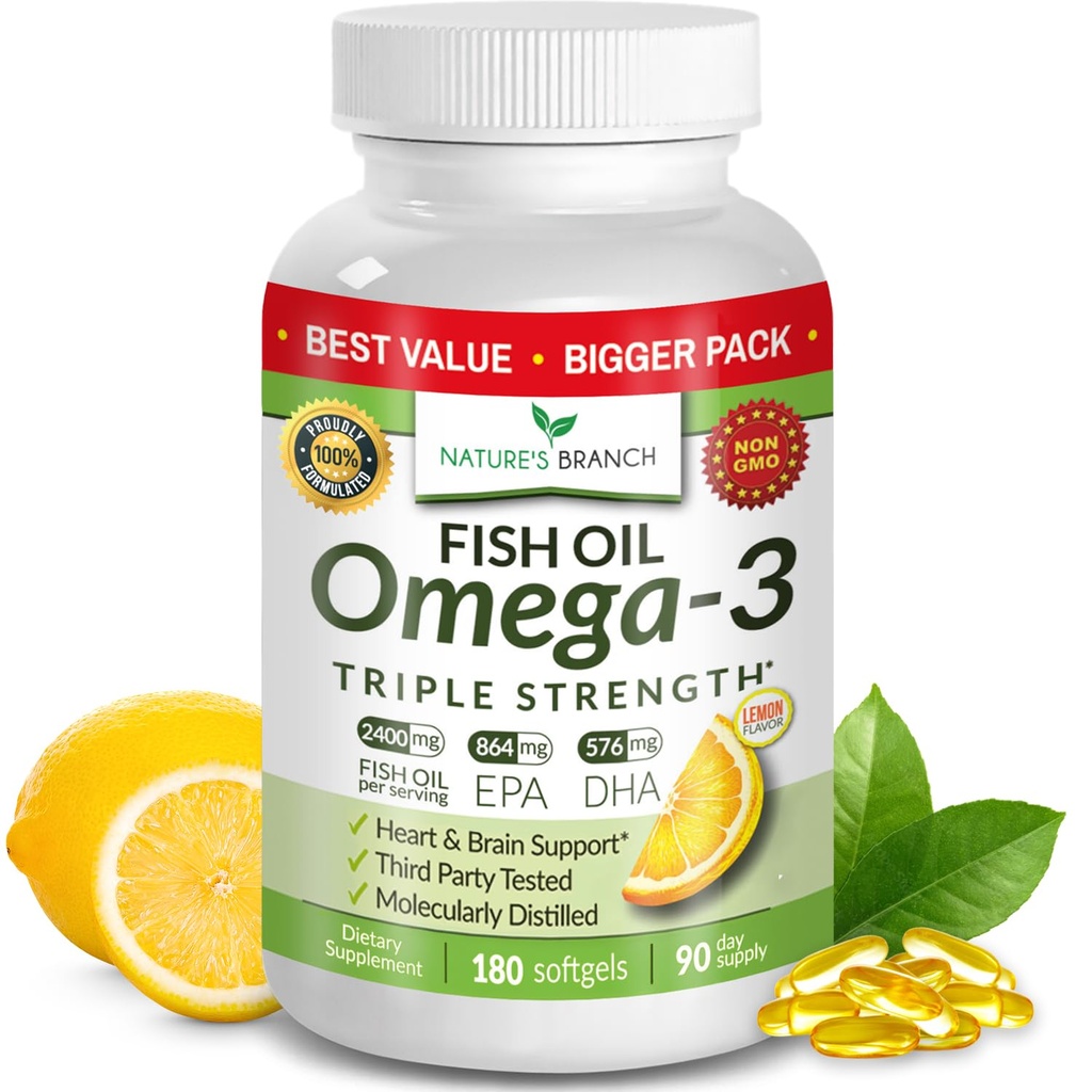 Bästa Triple Strength Omega 3 Fish Oil Pills - 180 kapslar - 2400mg High Potency Burpless Lemon Flavor 864mg EPA 576mg DHA Ultra Pure Liquid Softgels för Brain Joints Eyes Heart Health Supplement