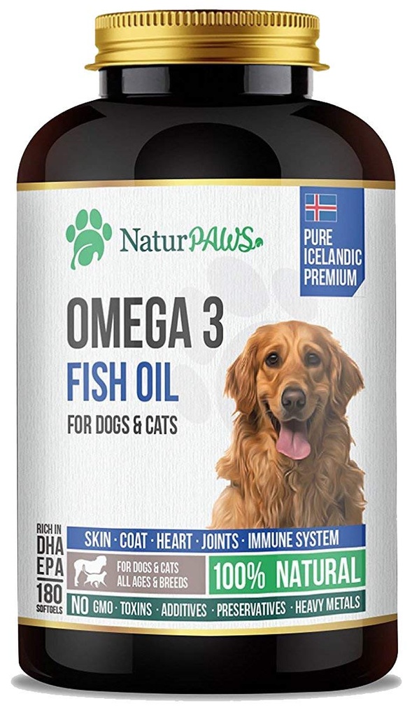Omega 3 Fiskolja tillskott för hundar och katter - 1000 mg ren DHA och EPA Omegas - Stöder Hälsosam päls och hud, hjärta, immunsystem, gemensamma och höft - 180 mjukgels
