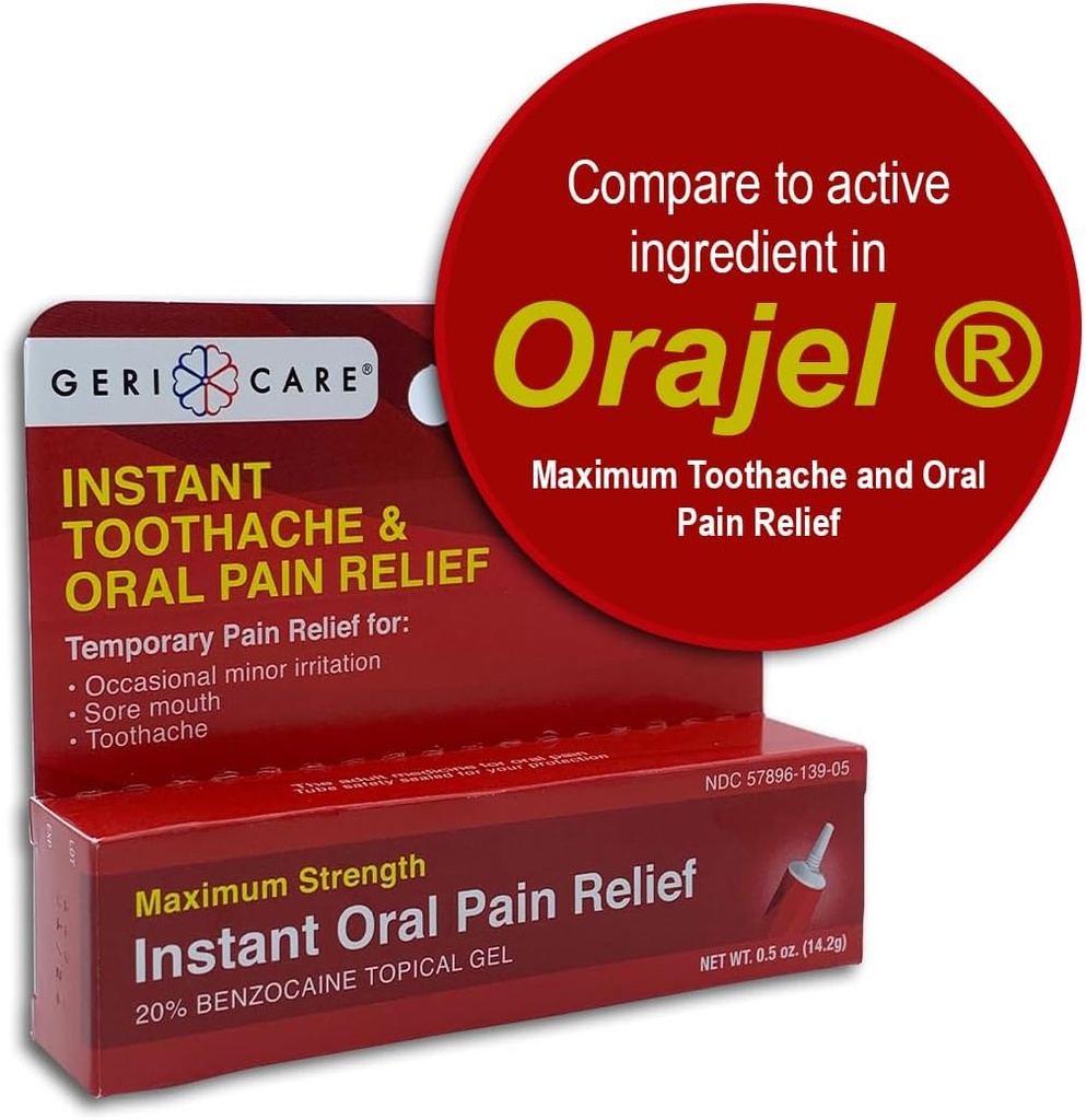 GeriCare Benzocaine 20% Maximal styrka Toothache & Oral Instant Pain Relief Gel 0,5 uns. Fast-Acting Numbing Paatment for Toothaches, Gum Irritation, Sensitivity & Mouth Sores (Pack of 1)