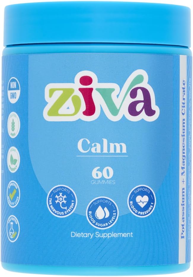 Ziva Calm Gummies - Potassium Citrate & Magnesium Citrate Supplement för avkoppling, Stress Relief & Muscle Support - 60 Count