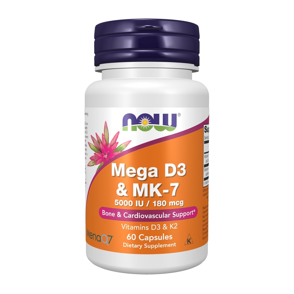 NOW Foods Supplements, Mega D-3 & MK-7 med vitaminer D-3 & K-2, 5 000 IE/180 mcg, Bone & Cardiovascular Support*, 60 Veg Capsules