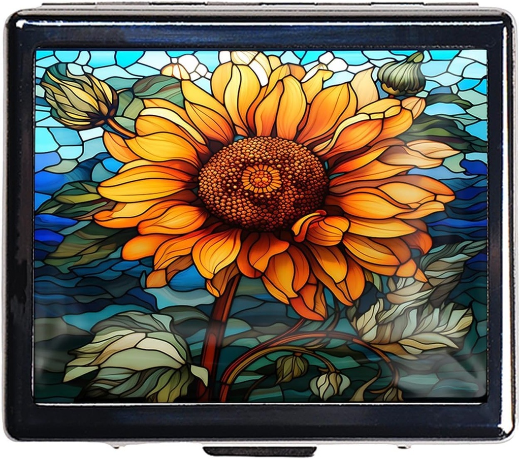 7 dagar Chromed Shiny Silver Pill Organizer med Mirror Inuti Har 8 Separata Compartments Rectangle 7 Days Pill Box Pill Case (Sunflower Stained Glass)