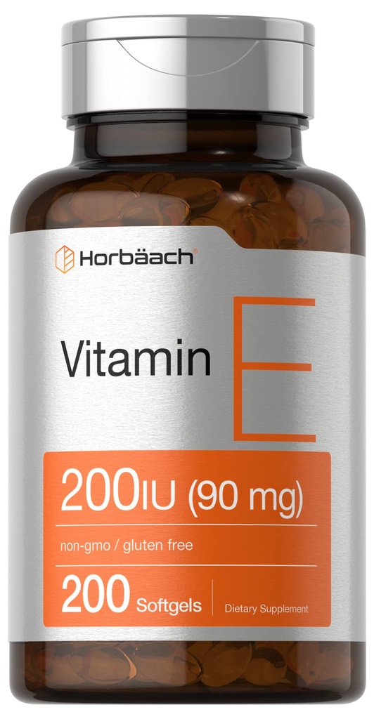 Horbäach Vitamin E Softgel Capsules 200 IE | 90 mg Tillägg | 200 greve | Non-GMO och Gluten Free Formel