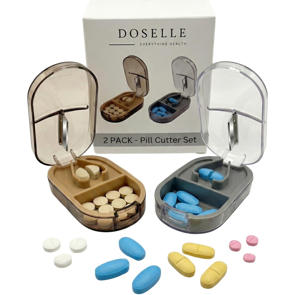 2PCS - Pill Cutter Splitter med Mini Pill Box - Pill Cutters för Small eller Large Pills Professional - 4 Way Pill Splitter 1/4 - Pill Splitter med Centering Device - Gray & Brown