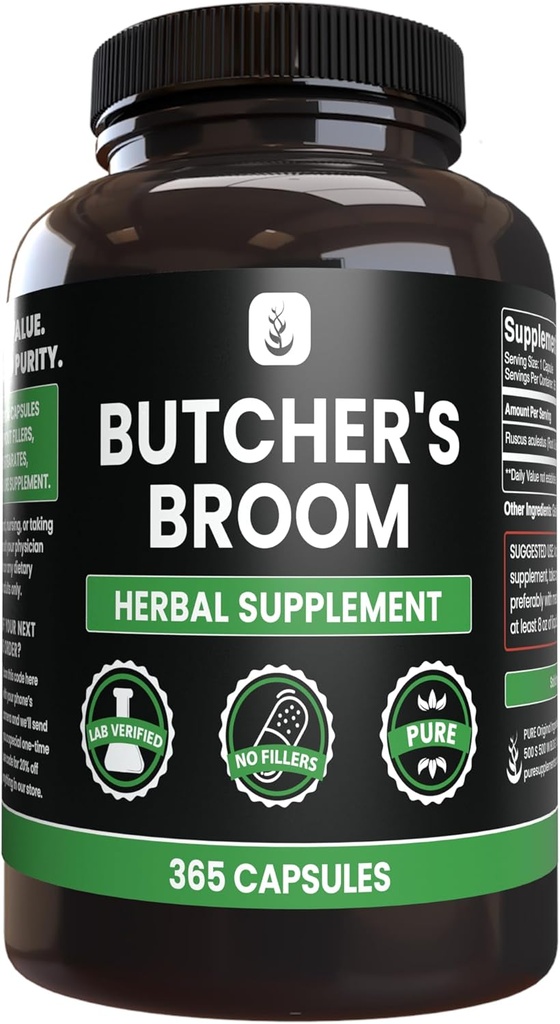 Rena originalingredienser Butcher's Broom (365 kapslar), No Magnesium eller Rice Fillers, Always Pure, Lab Verified