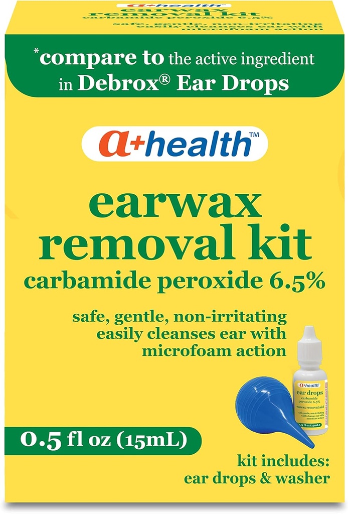 A + Health Earwax Removal Kit, Carbamide Peroxid 6,5%, Made in USA, Drops och Ear Bulb Syringe, 0,5 Ounces
