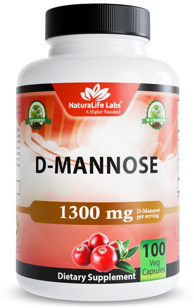 NaturaLife Labs Organic D-Mannose 1300 mg med Organic Cranberry Extract 100 mg per portion - 100 kapslar - Icke-GMO, Gluten-Free, Veganic