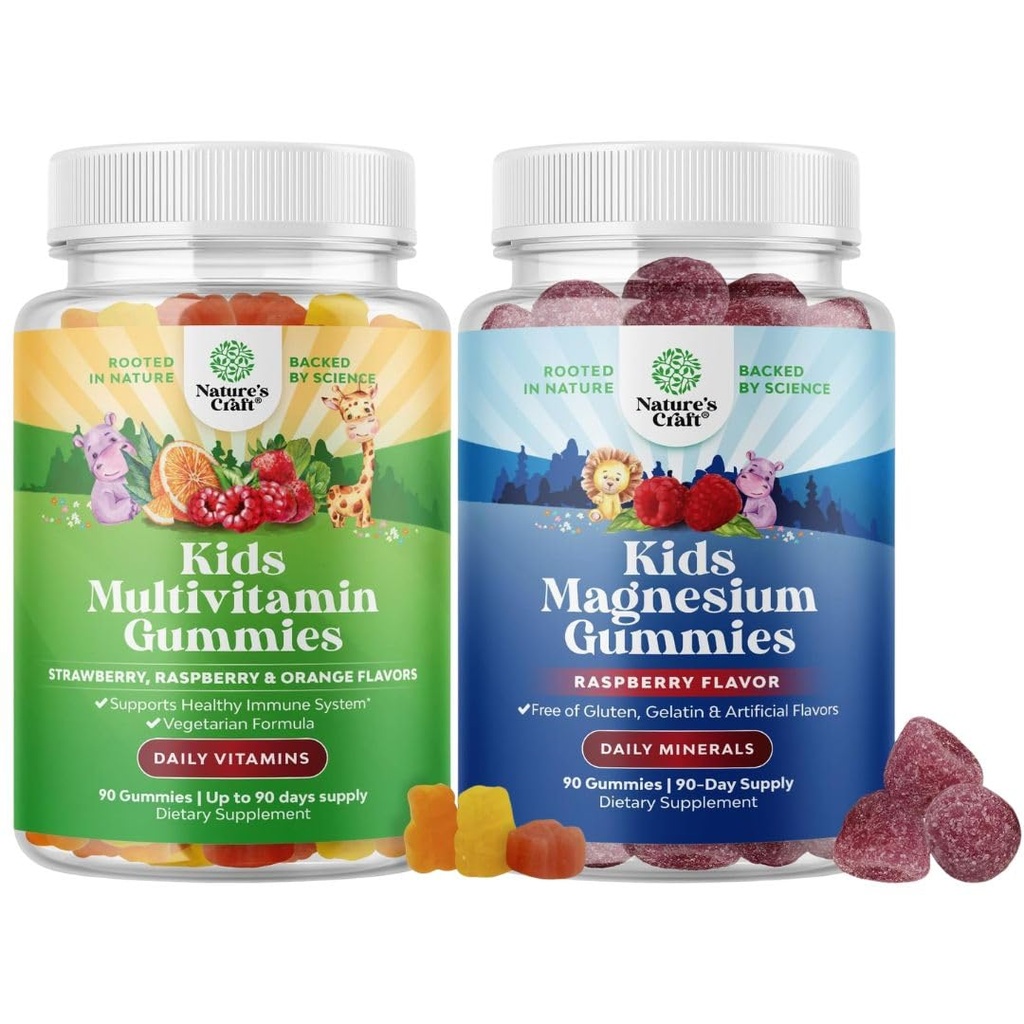 Bundle of Kids Multivitamin Gummies för immunitetsstöd med vitamin A C D3 E B och Zink och Kids Magnesium Gummies - Calm Relaxing Mag Citrate med Raspberry Flavor för Nerve & Heart Health