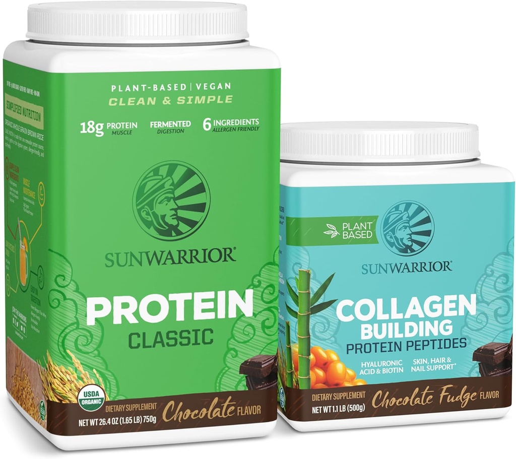 Sunwarrior Classic Vegan Protein Powder | Plant-Based 30 Servings, Chocolate & Collagen Building Powder Hyaluronic Acid | 20 portioner, Chocolate Flavored
