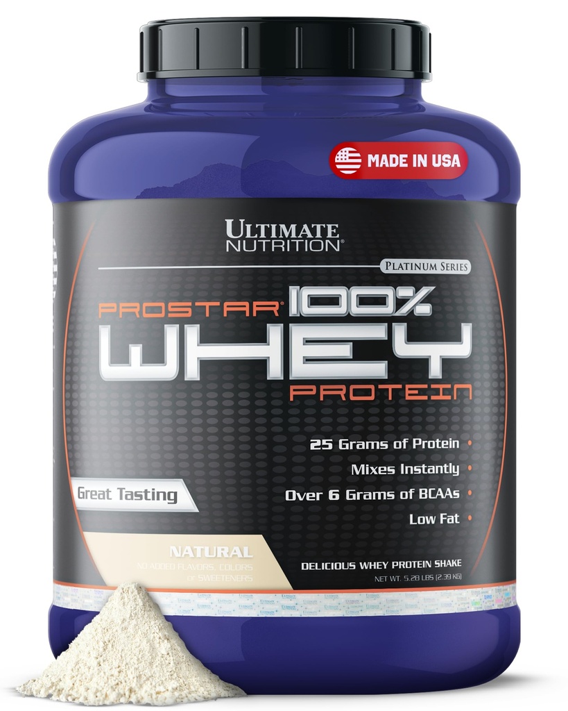 Ultimate Nutrition Prostar Whey Protein Powder Isolate, Natural - Low Carb, High Protein Powder Shake för Muscle Gain & Recovery - Low Sodium, Low-Fat & Keto Friendly - 5,28 lbs Tub