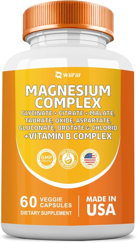Magnesium Komplex Supplement, Clycinate 141mg Oxide 228mg Malate 58.5mg Citrate 62.4mg med Orotate Glycina Taurate Chloride Aspartate Gluconate Vitamin B, Mineral Supplements 60 Capsules