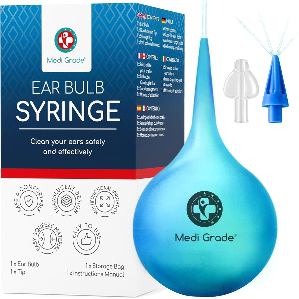 Medi Grade Ear Bulb Syringe - Effektiv Ear Wax Removal Tool med tillägg Quad-Stream Tips - Travel-Friendly Ear Cleaning Kit för Gentle Ear Cleaning - Ear Flusher för öronvax - 2.54 fl oz