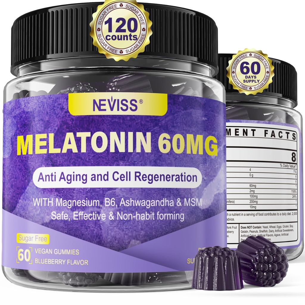 Antioxidant & Brain Support Melatonin 60mg 30mg för 50 + Vuxna | High Dose Melatonin för Anti-Aging & Immune | Extra Styrka Melatonin Gummies med B6, Ashwagandha, Magnesium, MSM - 120 Gummies