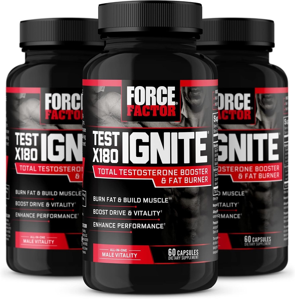 FORCE FACTOR Test X180 Ignite, Testosteron Booster & Fat Burner för män, Testosteron Supplement för att hjälpa till att bygga muskler, öka energi och öka Vitalitet och prestanda, 60 greve (Pack of 3)