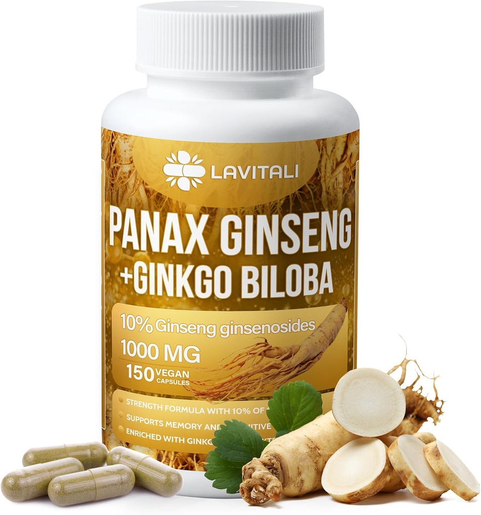 Ginseng & Ginkgo Biloba 150 Veggie Capsules, Energy Ginseng Root Extract Powder, med Ginkgo Biloba Extract, 100% Natural & Non-GMO, Vegan, Gluten Free, Dairy Free