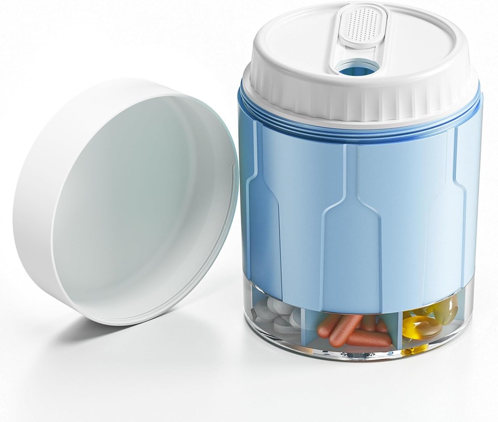 Stor Pill Organizer, Daily Pill Dispenser Bottles med 7 Stora Compartments, Jumbo Pill Box, Pill Storage Container för Vitamin, Fish Oil, Medicine Supplement, Easy Turn Lid med bifogad Label, Blue
