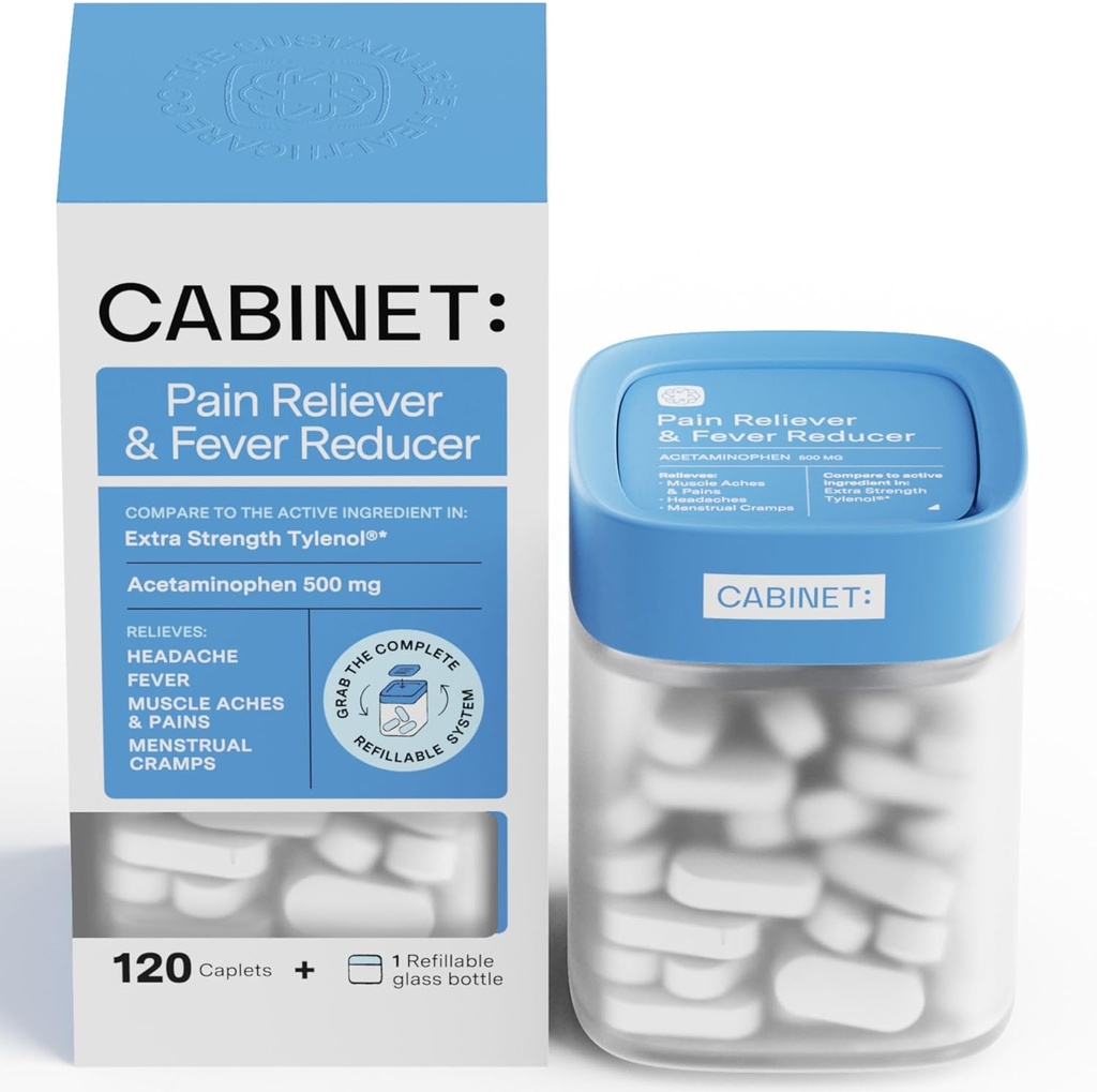 Kabinett: 500mg Acetaminophen för huvudvärk lättnad, toothaches, öm hals och feberreducer, Inkluderar 1 kylbar medicin Jar, 120 tabletter (Starter Kit)