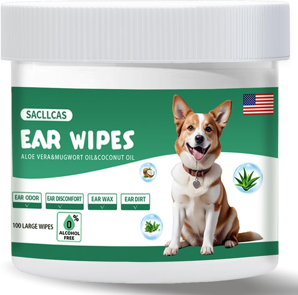 Dog Ear Cleaner Wipes 100 Count, Gentle pH Balanced for Ear Wax, Odor & Itch Relief, Hypoallergenic Alcohol-Free med Aloe Vera, säker för valp öron