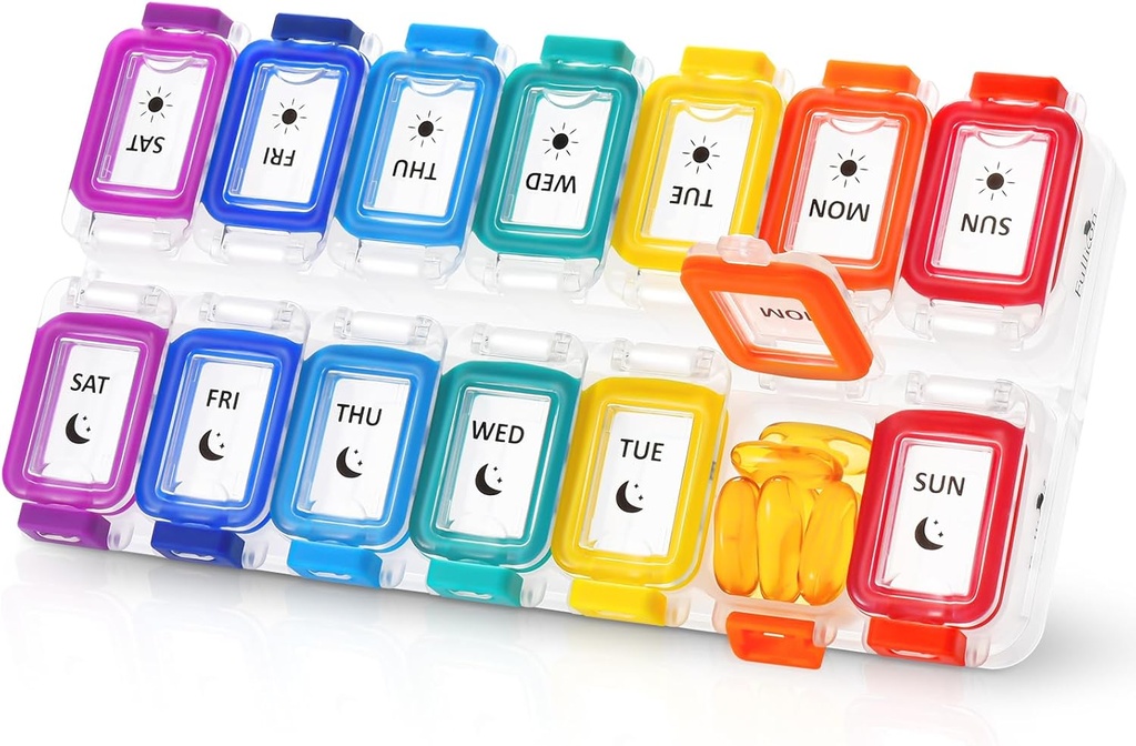 Fullicon Moisture Proof Pill Organizer 2 gånger om dagen, Large Pill Box 7 Day, Spill Proof Pill Case, Travel Pill Container, Medicine Pill Organizer med säkra lock, Daily Pill Organizer (Rainbow Clear)