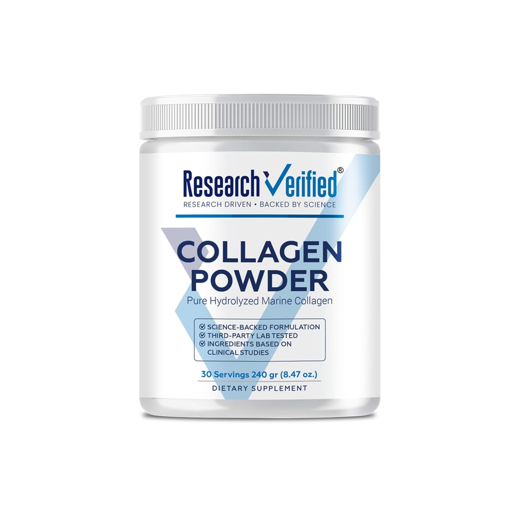 Forskning Verified® Collagen Powder - Hydrolyzed Marine Collagen - Unflavored - Skin Hydration och Elasticity, Muscle Recovery, Non GMO - 30 Scoops Per Container - 1 månads leverans