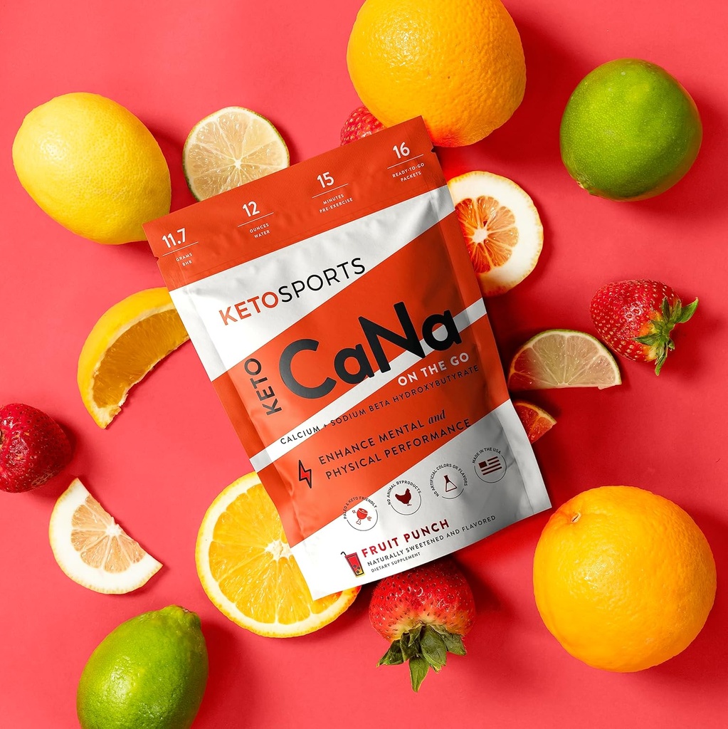 KetoSports New KetoCaNa GO (Fruit Punch) Single Serve Dietary Ketone Supplement för fysisk och psykisk prestation, Keto och Paleo-Friendly, naturligt sötad och smaksatt 16 Stick Packs