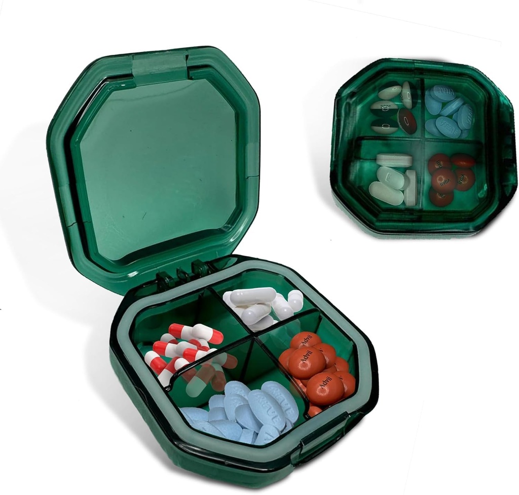 Travel Pill Organizer - Hållbar, Watertight Pill Case Travel Storlek med 4 Compartments - Compact Pill Travel Case för vitaminer, tillägg, medicin - Travel Pill Container for Purse (Gröna)