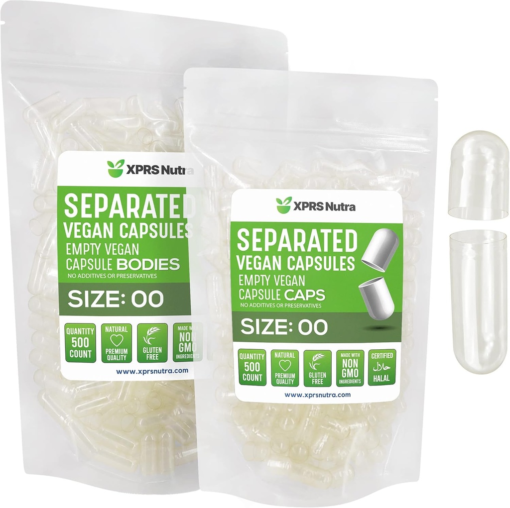 XPRS Nutra Vegan Storlek 00 Separerade kapslar - 500 greve Premium Clear Empty Capsules Separerade i väskor - 00 piller Tomma för DIY Supplement Fyllning