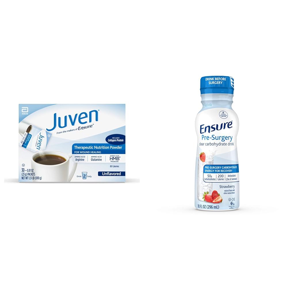 Juven Therapeutic Nutrition Drink Mix Powder för Wound Healing Support, Inkluderar Collagen Protein, Unflavored, 30 Count & Ensure Pre-Surgery, Clear Carbohydrate Drink, Strawberry, 10 Fl Oz (Pack of 4)