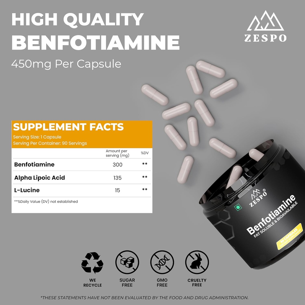 Benfotiamine 450mg - 90 kapslar, stödja cellulär hälsa med Alpha Lipoic Acid & L-Leucine, Daily Nutritional & Wellness Formel