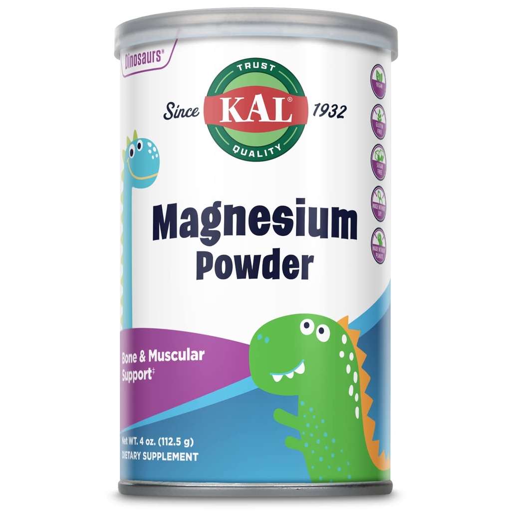 KAL Magnesium Powder, Magnesium för barn, Pure Magnesium Citrate Powder, hälsosam benutveckling, muskel- och nervfunktionsstöd, Vegan, Gluten Free, Sugar Free, 90 Servings, 4 oz