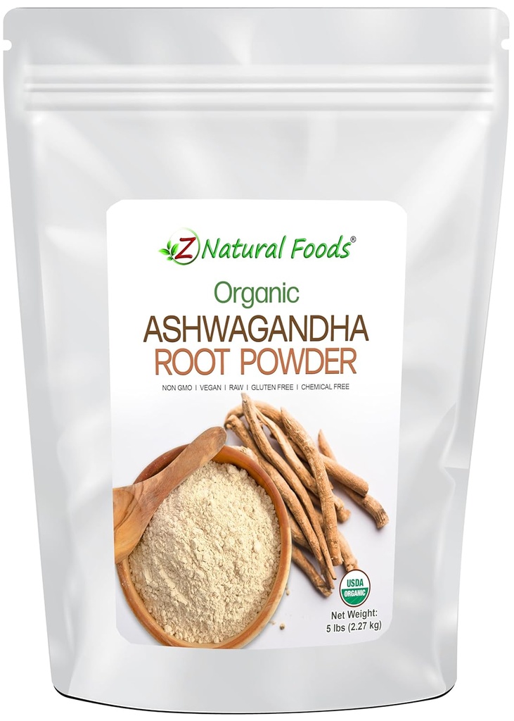 Z Natural Foods Organic Ashwagandha Root Powder - Bulk 5 lb Storlek - Kraftfull Adaptogen & Ayurvedic Superstar - Gör dina egna kapslar och piller - 100% ren, rå, kemisk fri, icke-GMO