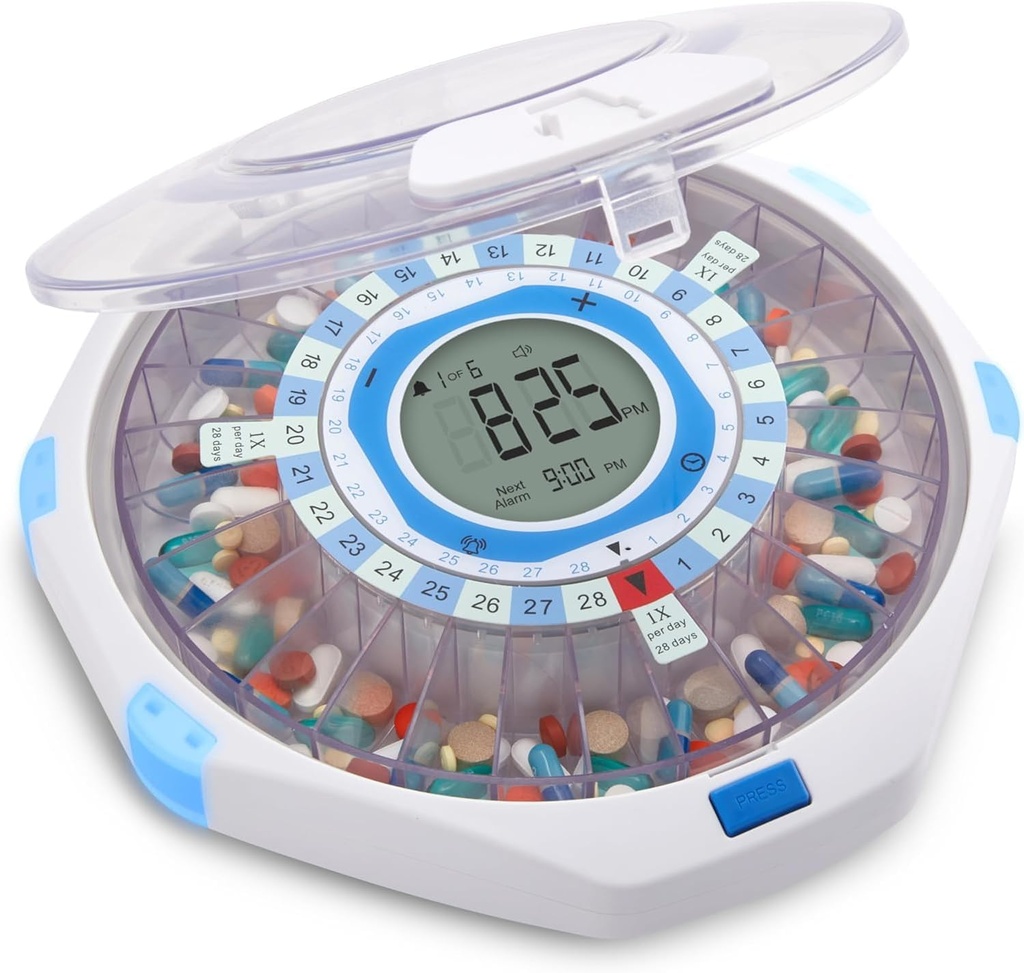 LiveFine WiFi Automatic Pill Dispenser och Remote Medication Monitoring System med Locking Key, 28-dagars Medicinering Organizer Upp till 9 Doses Per, Justerbart Ljus / Sound Alarms För Prescriptioner & Vitami