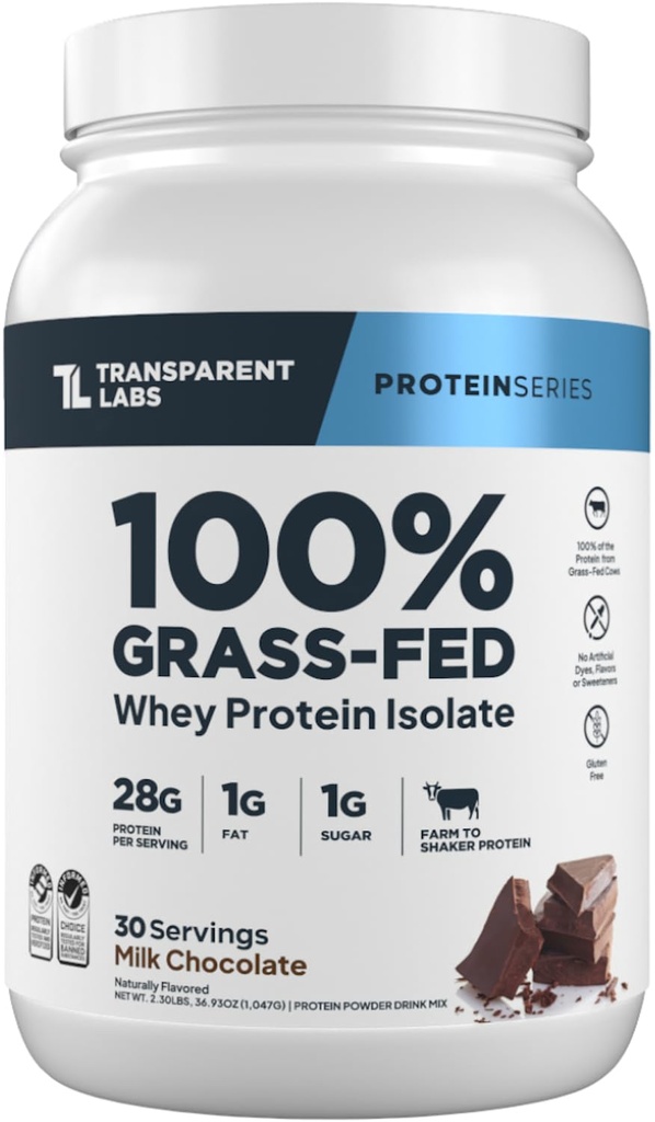 Transparent Labs Grass-Fed Whey Protein Isolat - Naturligt smaksatt, Gluten Free Whey Protein Pulver med 28 g protein per servering och 9 Aminosyror - 30 portioner, mjölkchoklad