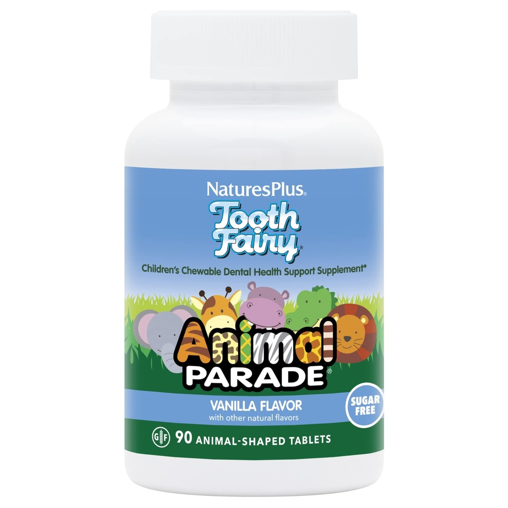 Natures Plus Animal Parade Tooth Fairy Children's Chewables - Natural Vanilla Flavor - 90 djurformade tabletter - Dental Health Supplement - Vegetarian, Gluten Free - 45 portioner