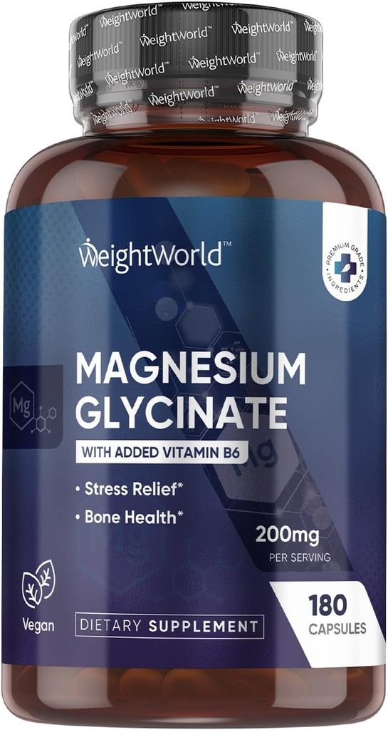 WeightWorld Magnesium Glycinate Capsules 200mg - 180 kapslar (3 månader) med vitamin B6 - Biotillgängliga Magnesium Glycinate Supplements - Tredjepartstestade, Vegan, Non-GMO och Allergen-Free