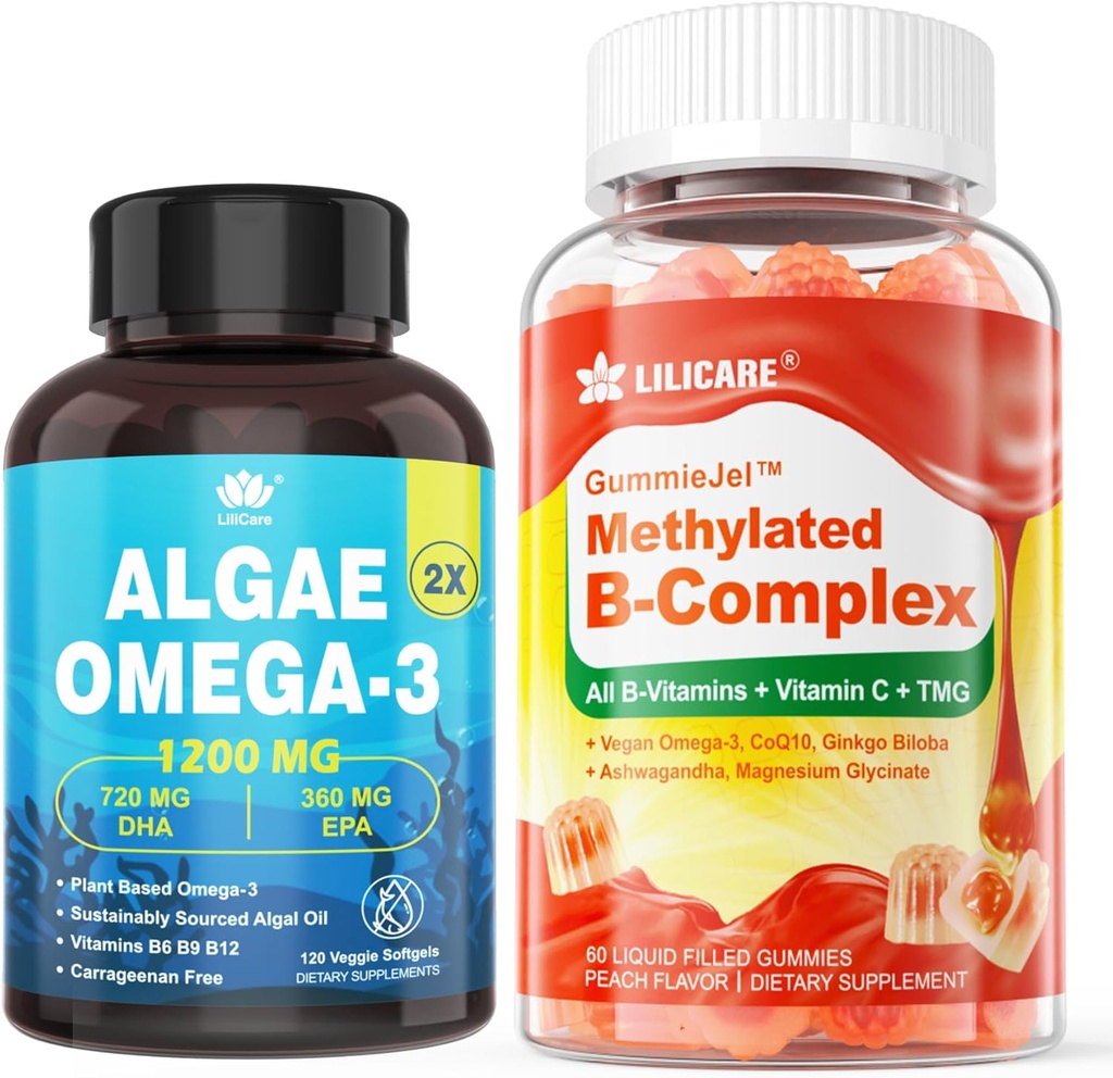 Vitamin B Complex Fylld Gummies & Plant-Based Algae Omega 3 1200mg Supplement