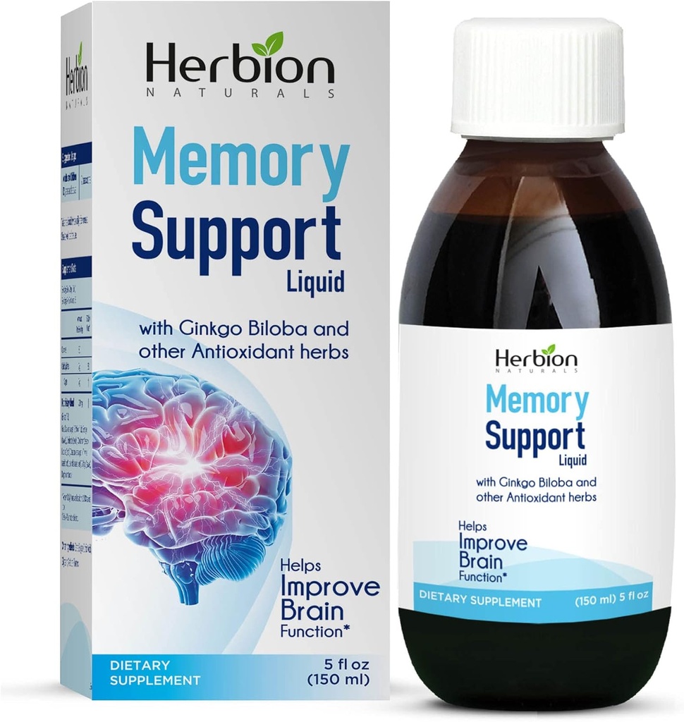 HERBION Naturals Memory Support Liquid - Hjälper till att förbättra hjärnans funktion och frånvarande sinne, behåller hälsosamma humörnivåer med Ginkgo Biloba, Vuxna och barn över 12 år, 5 fl oz, 150 ml