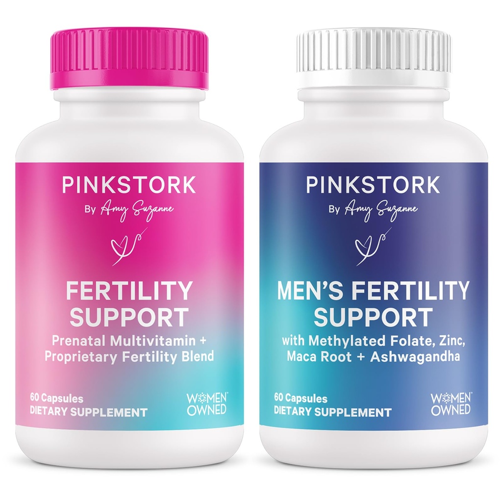 Rosa Stork Hans och Hennes fertilitetsbunt: fertilitetstillskott för kvinnor, fertilitetstillskott för män, fertilitetsprenatal vitamin, Vitex, Inositol, folat, vitamin B6, 60 kapslar